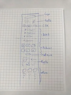 Boceto de interfaz de aplicación móvil mostrando la estructura de texto y elementos de navegación