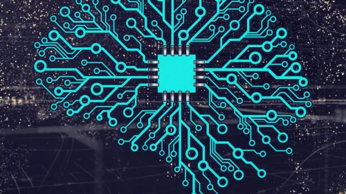 Ilustración de red neuronal artificial integrada con chip, representando el procesamiento seguro de artefactos en pipelines de software modernos