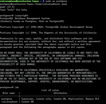 Captura de pantalla de psql, el cliente de línea de comandos de PostgreSQL, mostrando resultados de consultas SQL en terminal