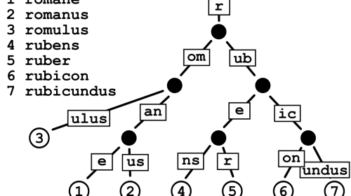 Árbol Patricia (trie radix), la estructura de datos que inspira el RadixAttention de SGLang para indexar el KV-cache y compartir prefijos entre peticiones