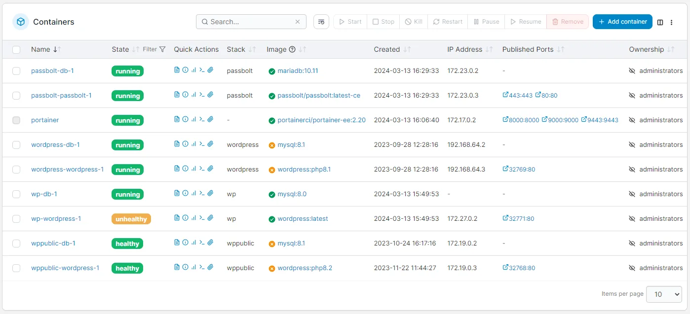Portainer CE admin panel showing the list of running Docker containers