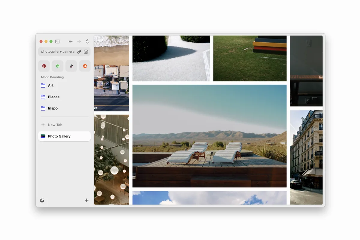 Arc UI screenshot on macOS, Chromium-based browser with a dominant sidebar and a Spaces model for separating contexts …