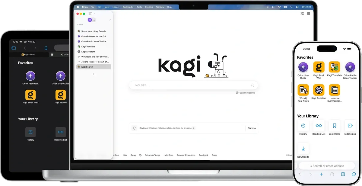 Orion UI screenshot on macOS, WebKit-based browser (same engine as Safari) built by Kagi: zero telemetry, curated suppor…