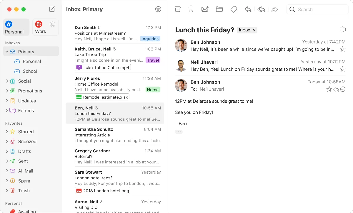 Mimestream UI screenshot on macOS, Native macOS email client for Gmail built by a former Apple Mail engineer. Uses the Gmail …
