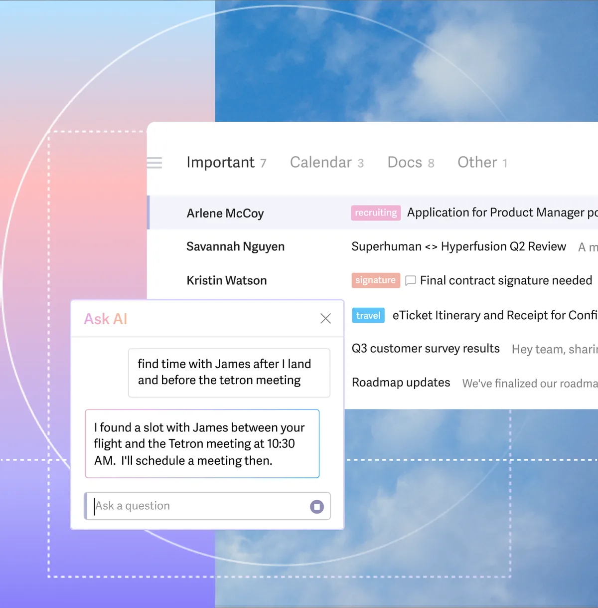 Superhuman UI screenshot on macOS, Premium email client for Gmail/Outlook focused on speed: keyboard shortcuts, generative AI…