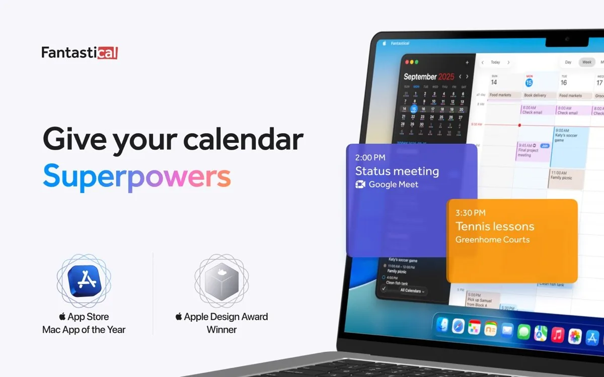 Fantastical UI screenshot on macOS, Premium calendar by Flexibits for Mac, iPhone, iPad, Apple Watch and Vision Pro: natural l…