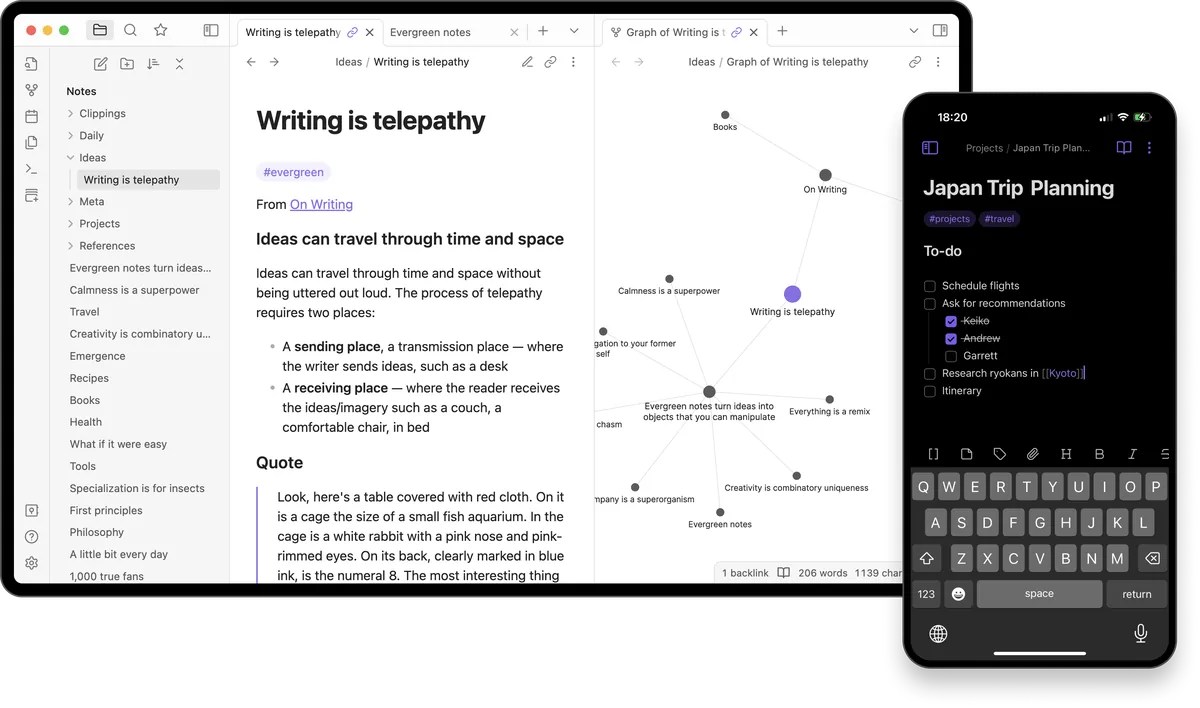 Obsidian UI screenshot on macOS, Local Markdown vault with backlinks and a knowledge graph; native Apple Silicon app that r…