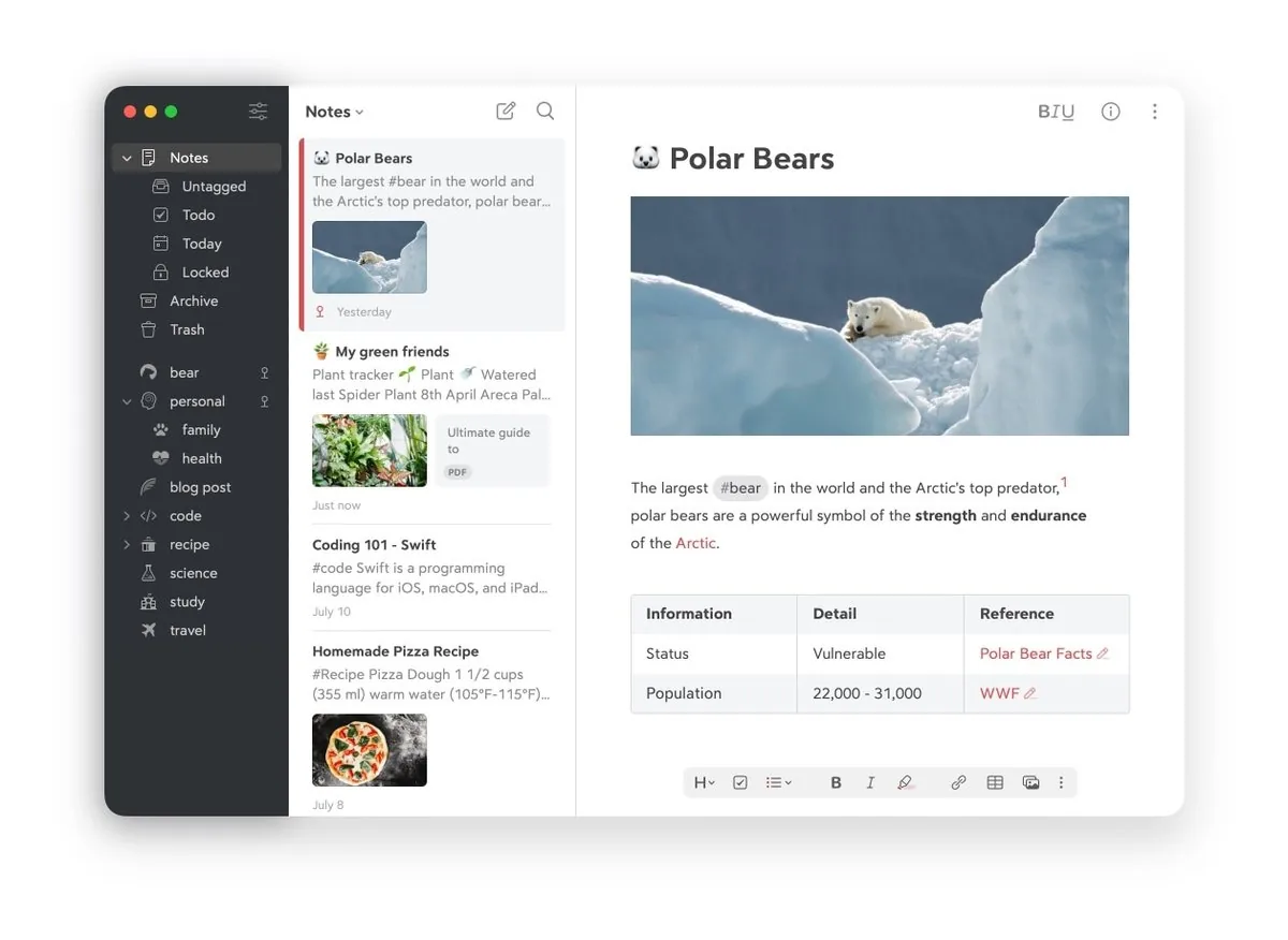 Bear UI screenshot on macOS, Elegant Markdown editor for macOS, iOS and watchOS focused on pleasant writing and hierarc…