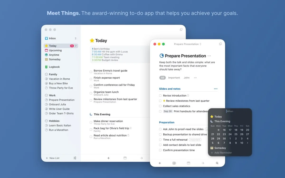 Things 3 UI screenshot on macOS, Premium task manager for Mac, iPhone, iPad and Apple Watch built around GTD; prioritises c…