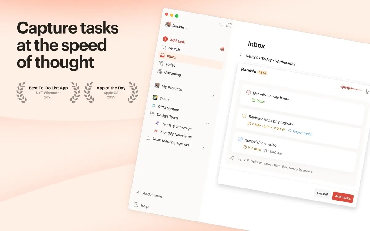 Todoist UI screenshot on macOS, Cross-platform task manager (Mac, iOS, Android, Windows, web, CLI) with natural-language c…