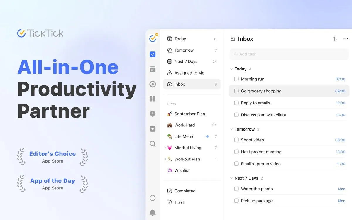 TickTick UI screenshot on macOS, Cross-platform task manager with calendar, habits, Pomodoro timer and Eisenhower view buil…