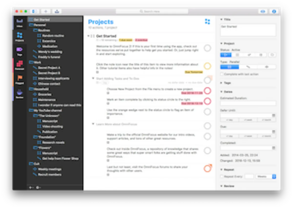 OmniFocus 4 UI screenshot on macOS, Pro task manager for Mac, iPhone, iPad, Apple Watch and web aimed at orthodox GTD, with cu…