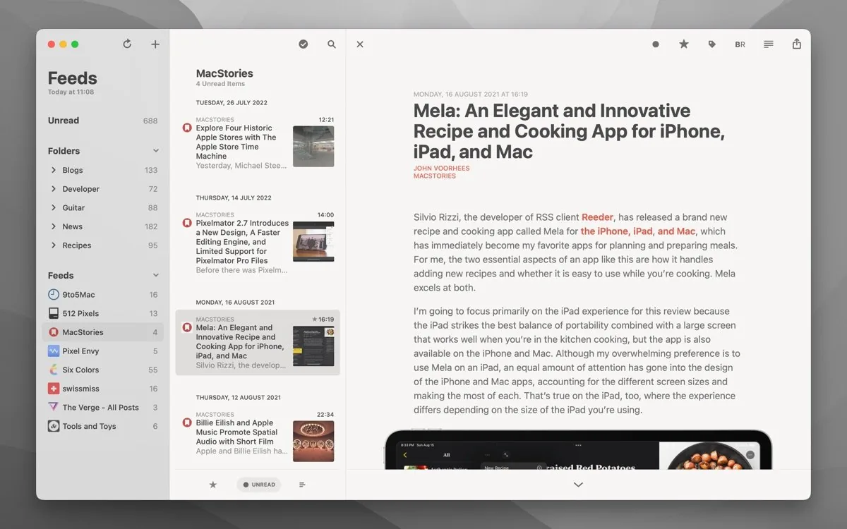 Reeder Classic UI screenshot on macOS, Silvio Rizzi’s classic RSS reader for macOS, with iCloud sync and support for every major …