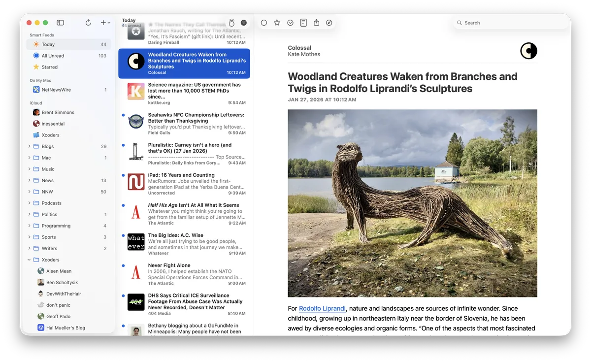 NetNewsWire UI screenshot on macOS, Free, open-source RSS reader for macOS and iOS maintained by Brent Simmons. No subscriptio…