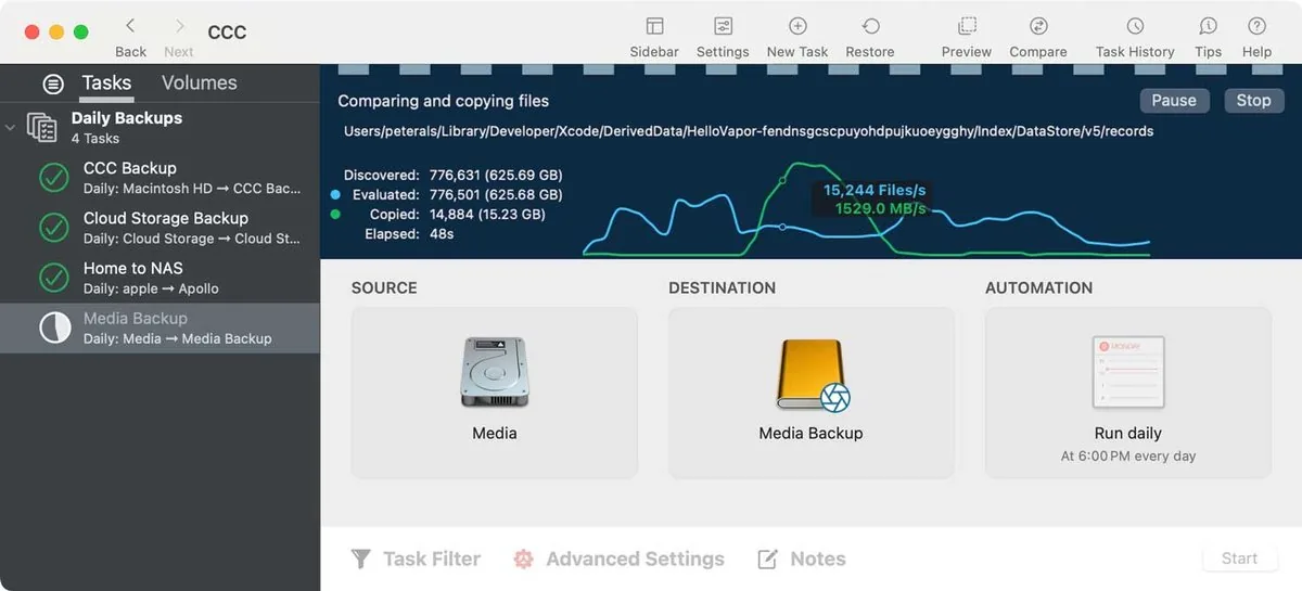 Carbon Copy Cloner UI screenshot on macOS, macOS disk cloner from Bombich Software. Creates exact volume copies, schedules tasks and …