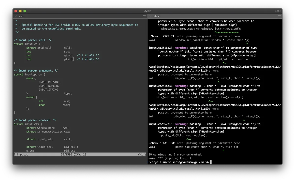 iTerm2 UI screenshot on macOS, Classic macOS terminal with an exhaustive preferences GUI and two decades of iteration. St…