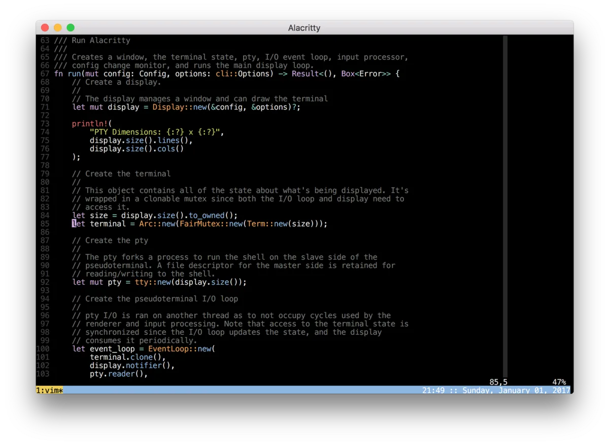 Alacritty UI screenshot on macOS, Minimalist terminal written in Rust with OpenGL rendering, deliberately without tabs or sp…