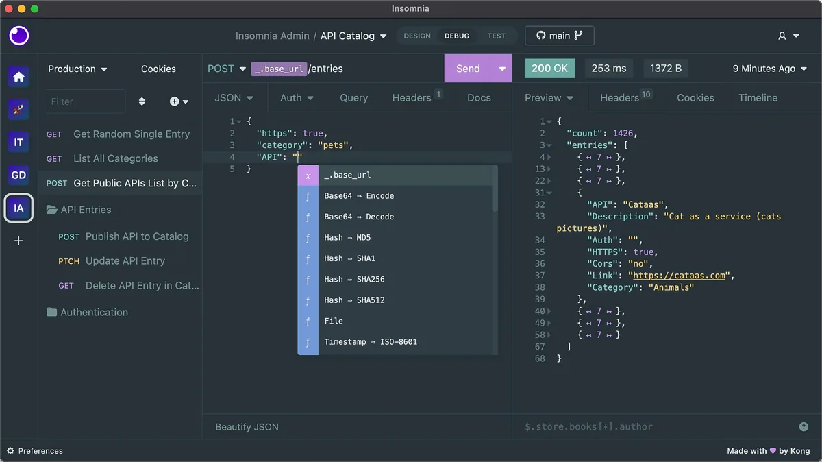 Insomnia UI screenshot on macOS, Open-source API client by Kong with a cleaner, faster UI than Postman. Supports REST, Grap…