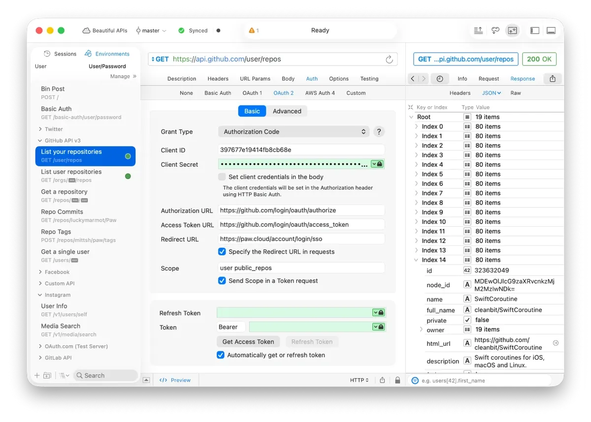 Paw / RapidAPI for Mac UI screenshot on macOS, The veteran native-macOS API client (formerly Paw, now RapidAPI for Mac). Pure Cocoa rende…
