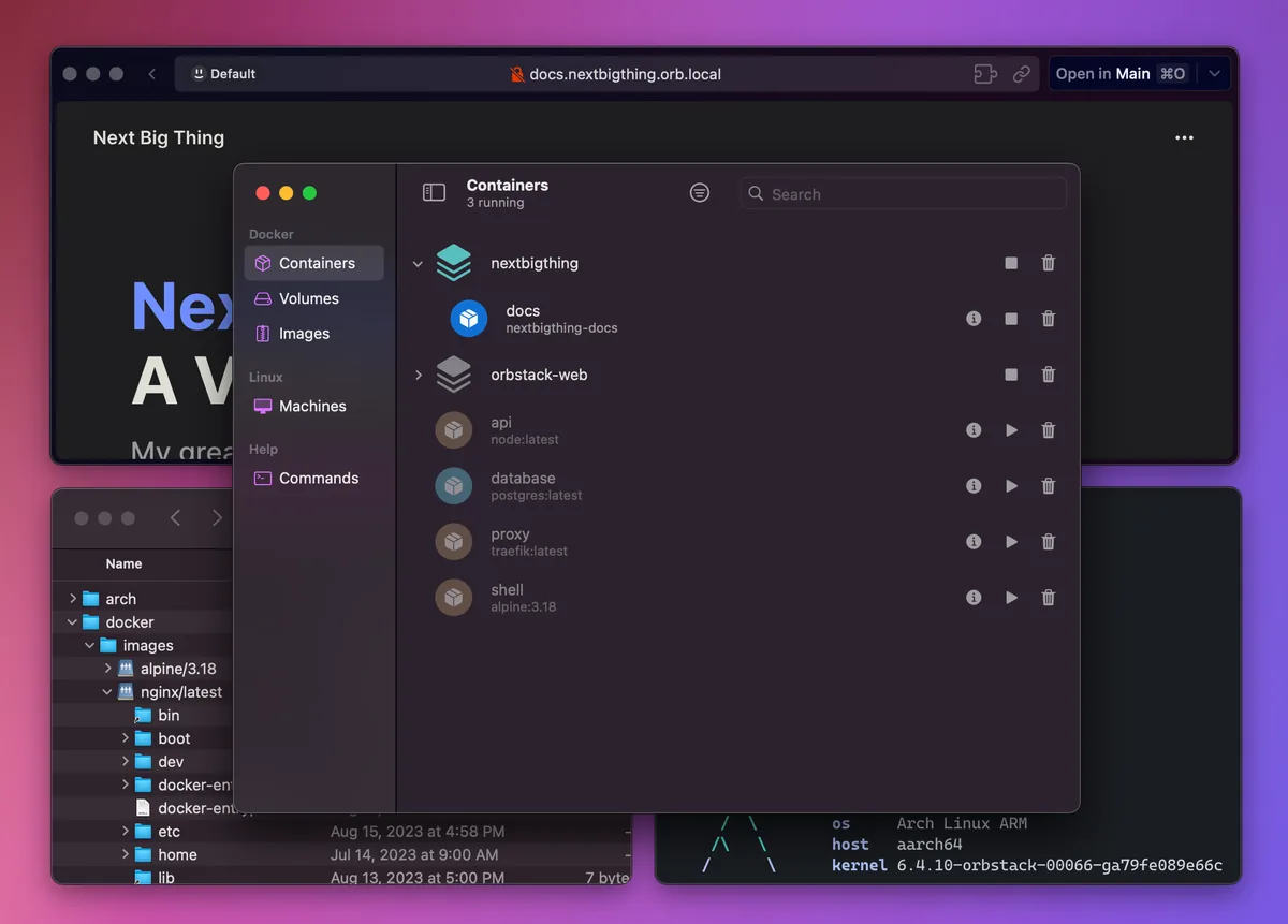 OrbStack UI screenshot on macOS, Native Docker Desktop replacement for macOS, written in Swift and tuned for Apple Silicon.…