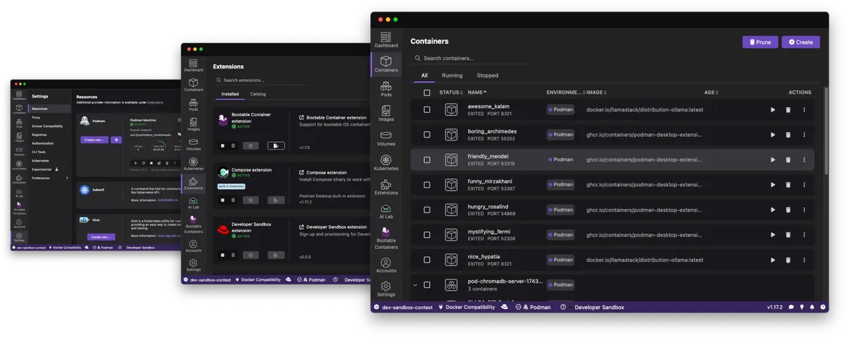 Podman Desktop UI screenshot on macOS, Open-source (Apache 2.0), vendor-neutral GUI for OCI containers and Kubernetes, maintained…