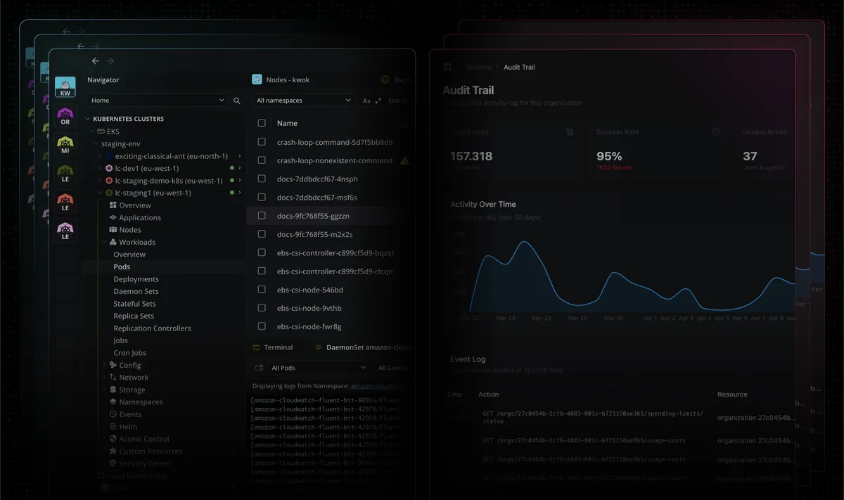 Lens UI screenshot on macOS, Graphical Kubernetes IDE maintained by Mirantis. Provides multi-cluster view, embedded ter…