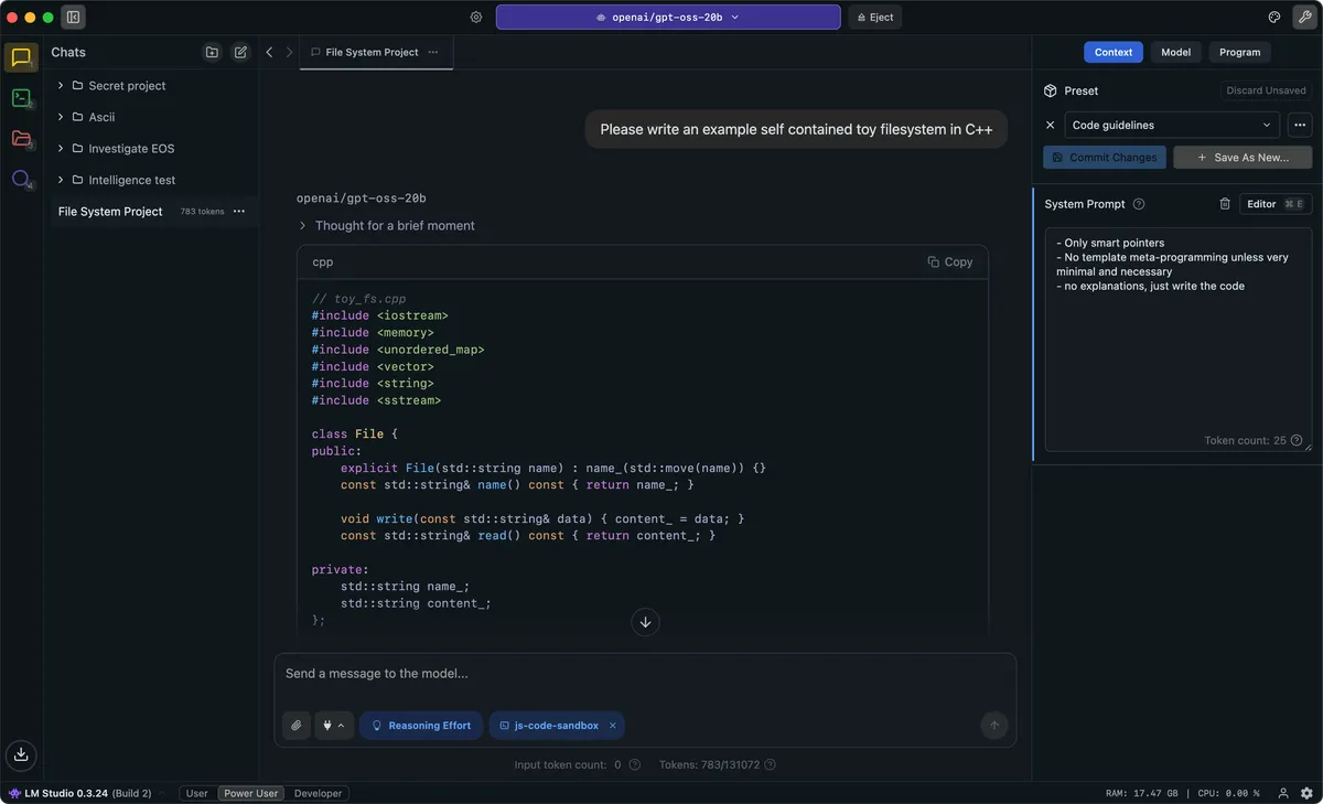 LM Studio UI screenshot on macOS, Desktop client to discover, download and run local LLMs on the Mac. Includes a Hugging Fac…