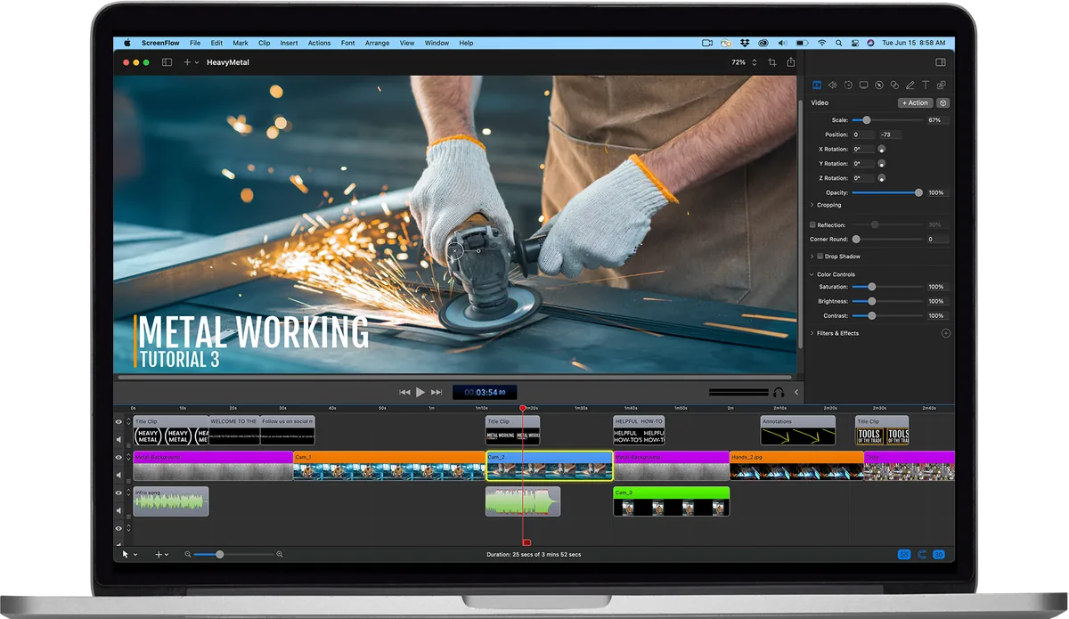 ScreenFlow UI screenshot on macOS, Classic Telestream tool for recording screen, camera, audio and iOS device, then editing t…