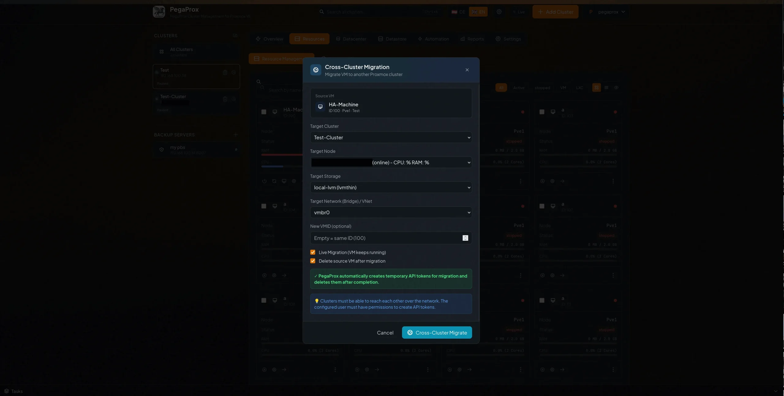 Interfaz de migración entre clústeres de PegaProx con el flujo de live migration de una máquina virtual desde un clúster Proxmox VE de origen a otro de destino