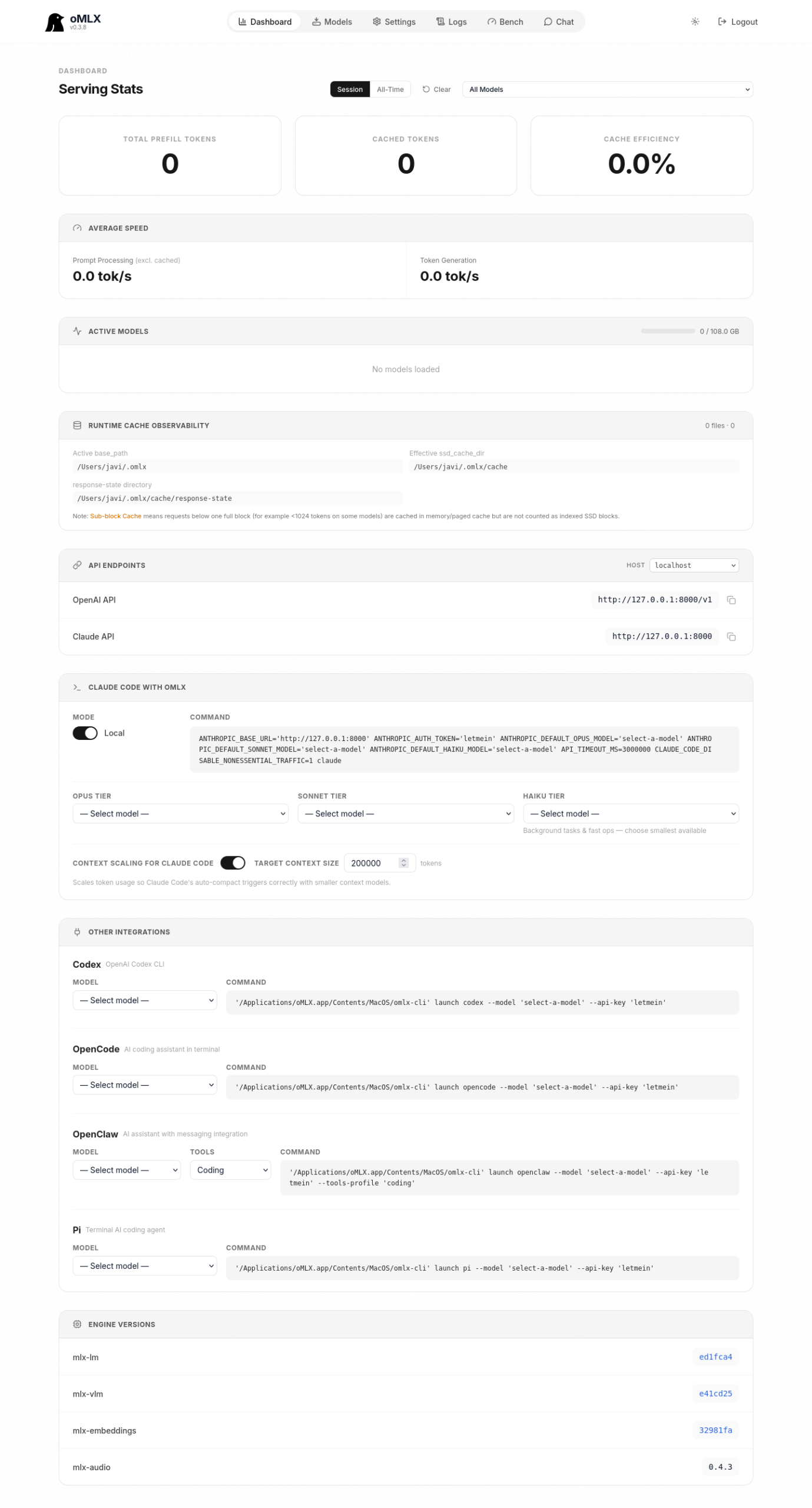 Sección API Endpoints, Claude Code with oMLX y Other Integrations del dashboard de oMLX, con campos para Opus/Sonnet/Haiku model, Context scaling for Claude Code y comandos pre-armados para Codex, OpenCode y otras integraciones