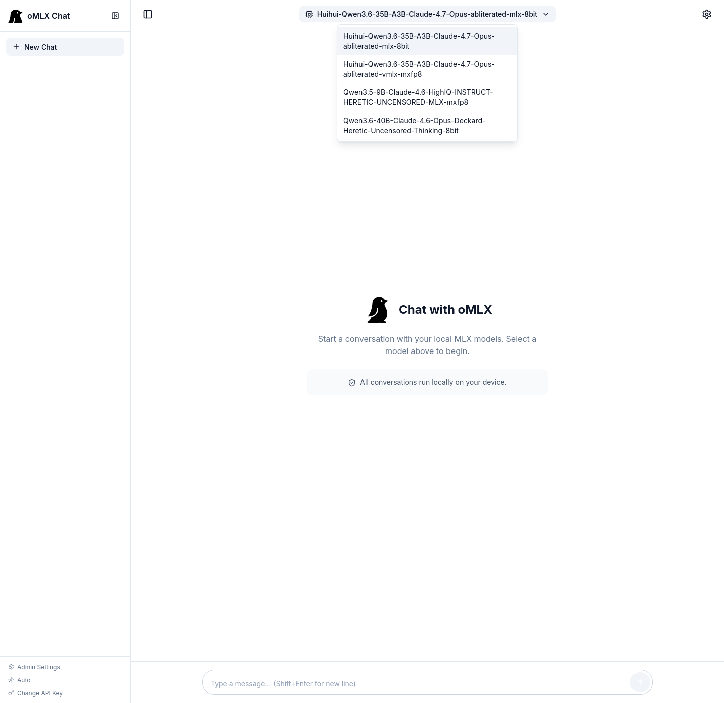 Vista Chat de oMLX en localhost:8000/admin/chat con el desplegable de modelo abierto, listando cuatro modelos MLX disponibles localmente