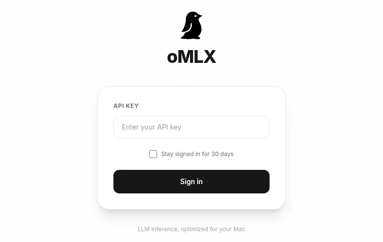 Login screen of the oMLX admin panel at localhost:8000/admin, with the API Key field empty and a “Stay signed in for 30 days” checkbox
