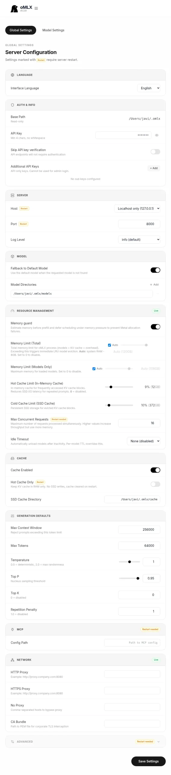 oMLX Global Settings page: Host set to Localhost only (127.0.0.1), Port 8000, Memory Limit Total Auto (120 GB), Memory Limit Models Only Auto (108 GB), Hot Cache at 9% (12 GB), Cold Cache SSD at 10% (372 GB), Max Concurrent Requests 16, Idle Timeout None, Max Context Window 256000, Max Tokens 64000, Temperature 1.0, Top P 0.95