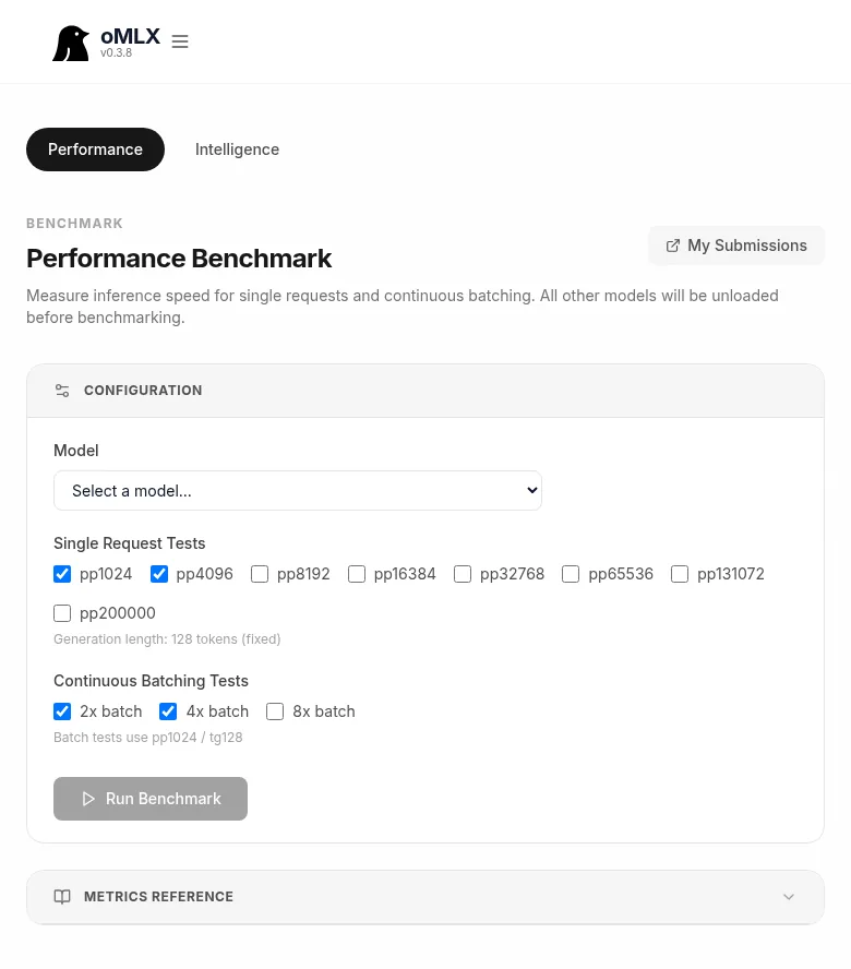 oMLX Bench → Performance Benchmark page with Qwen3.6-35B-A3B-MLX-8bit selected, Single Request Test checkboxes (pp1024, pp4096, pp8192, pp32768) and Continuous Batching Test checkboxes (2x, 4x, 8x), Run Benchmark button, and My Submissions link
