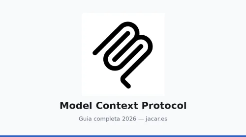 Diagrama oficial del Model Context Protocol acompanado del titulo Guia completa 2026 sobre fondo claro de jacar.es, mostrando el icono del proyecto MCP centrado y la franja inferior con el color corporativo del sitio para reforzar la identidad editorial bilingue
